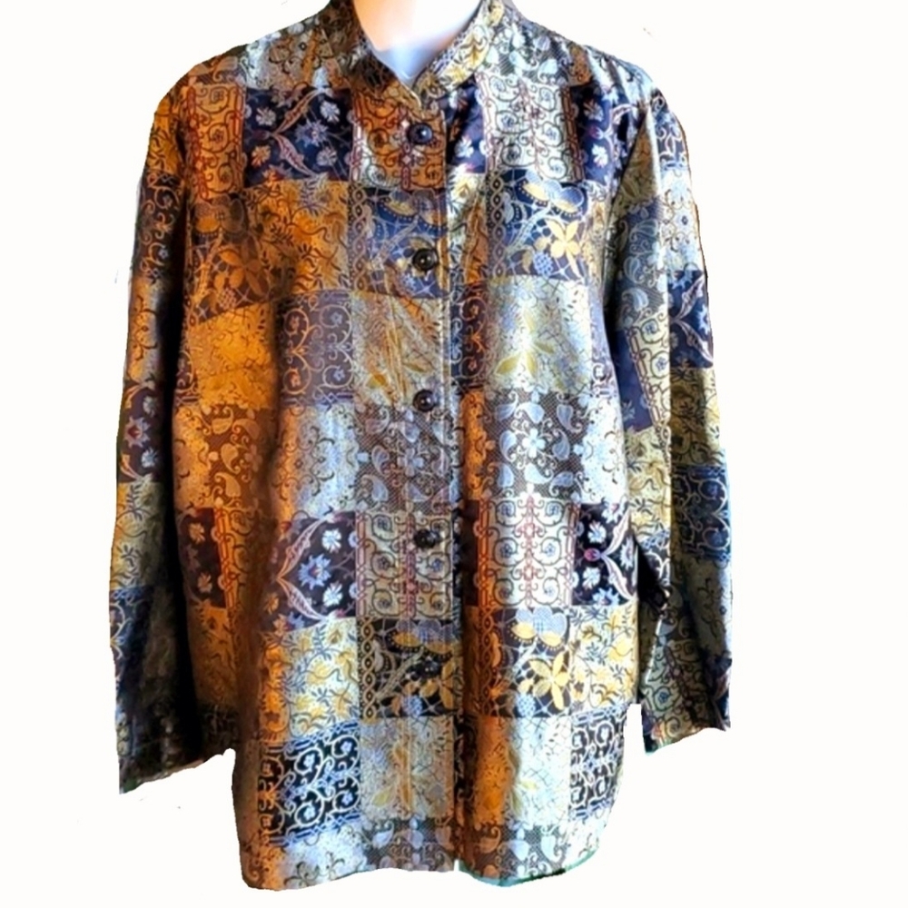 AKS Amy K Su Button Down Patchwork Floral Print Metallic Blouse Size 2X